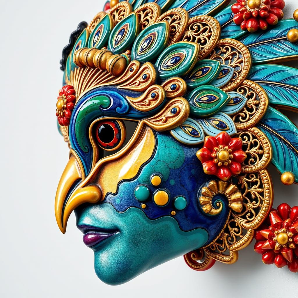 Ornate Ceramic Mask with Peacock's Celestial Face