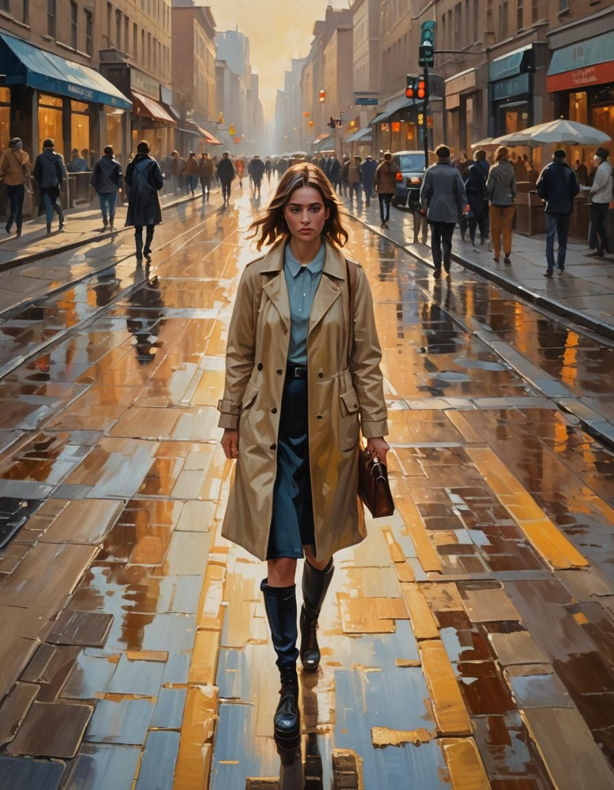 Impressionist Girl in Crowded Cityscape