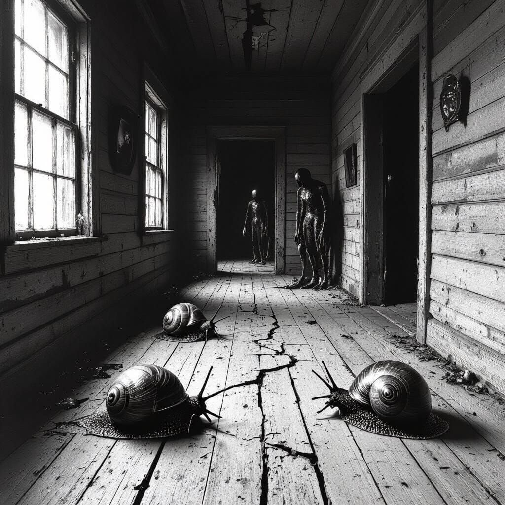Decayed Cabin Interior with Glistening Snails