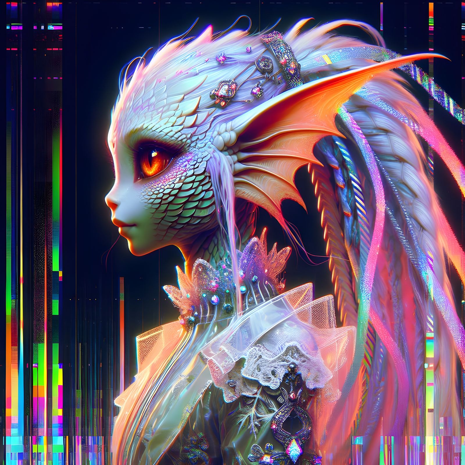 Glitched Portrait of Scaled Lady with Neon Accents