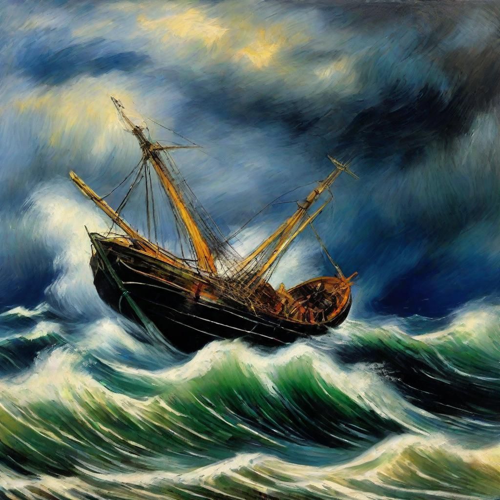 Capsizing Ship in a Storm: Impasto Style Painting