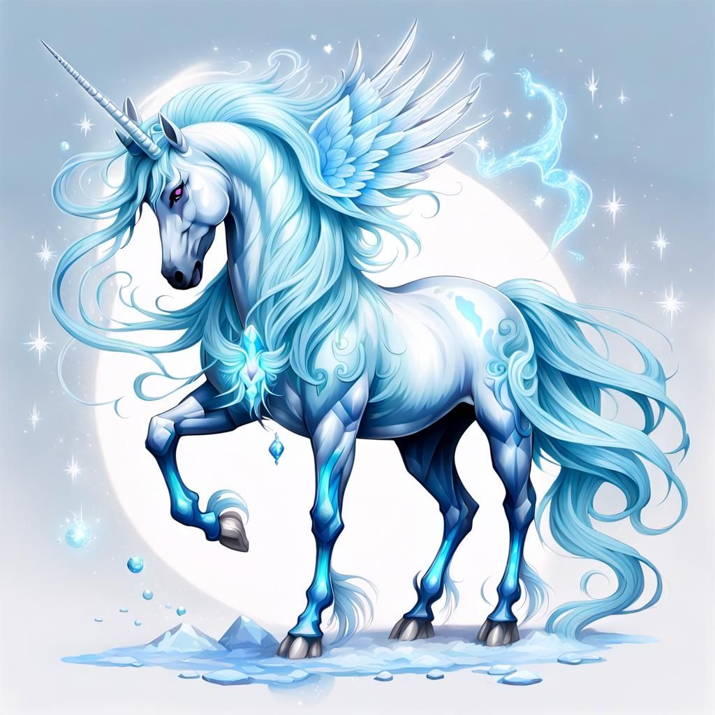 Pastel Unicorn with Crystalline Tattoos in Guo Hua Style