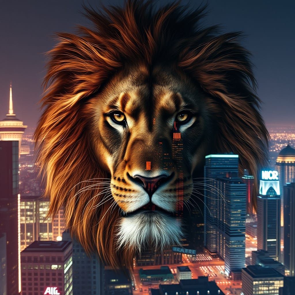 Majestic Lion's Head Blends with Vibrant Cityscape at Night ...