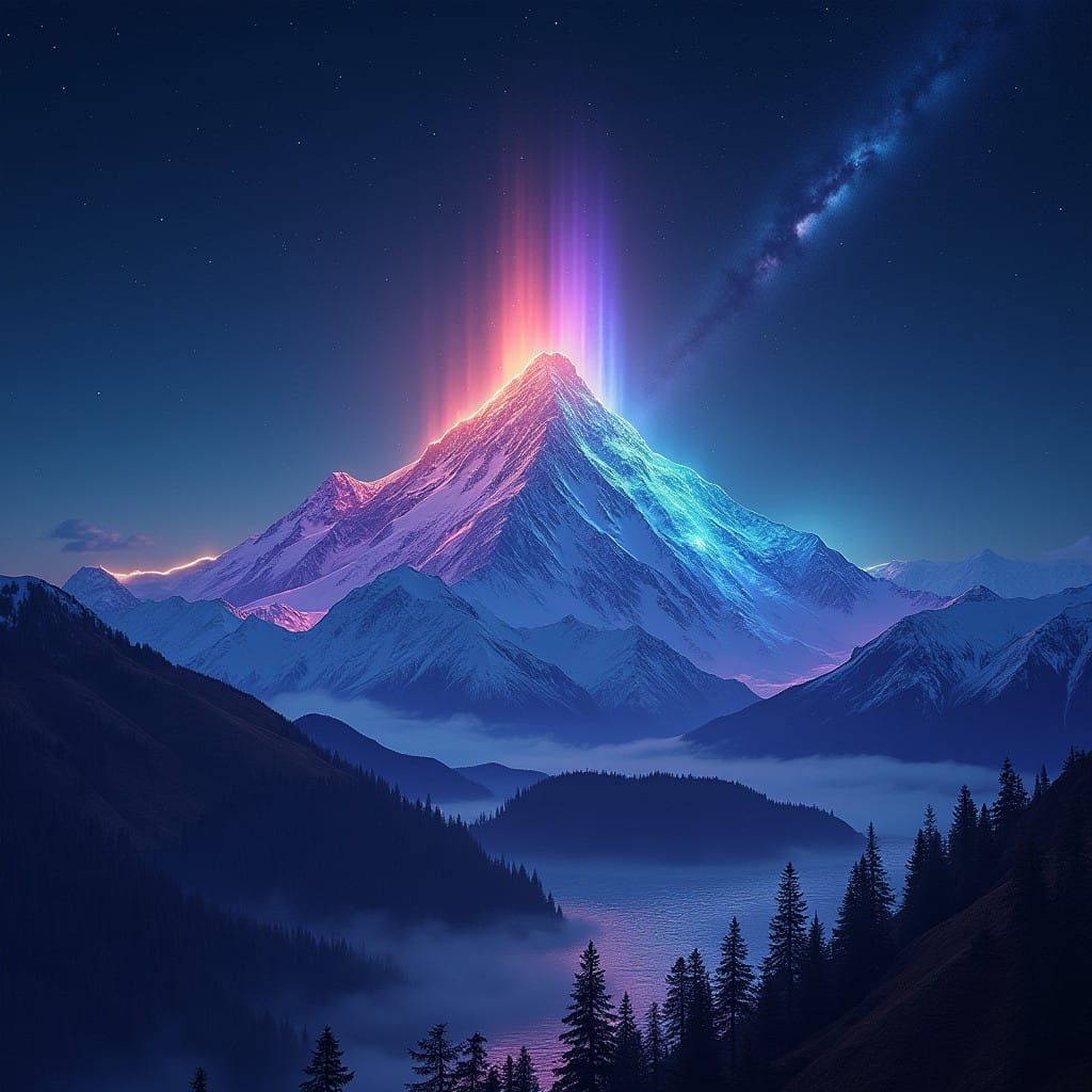 Emerald Fae Mountain Radiates Iridescent Beauty Under Starry...