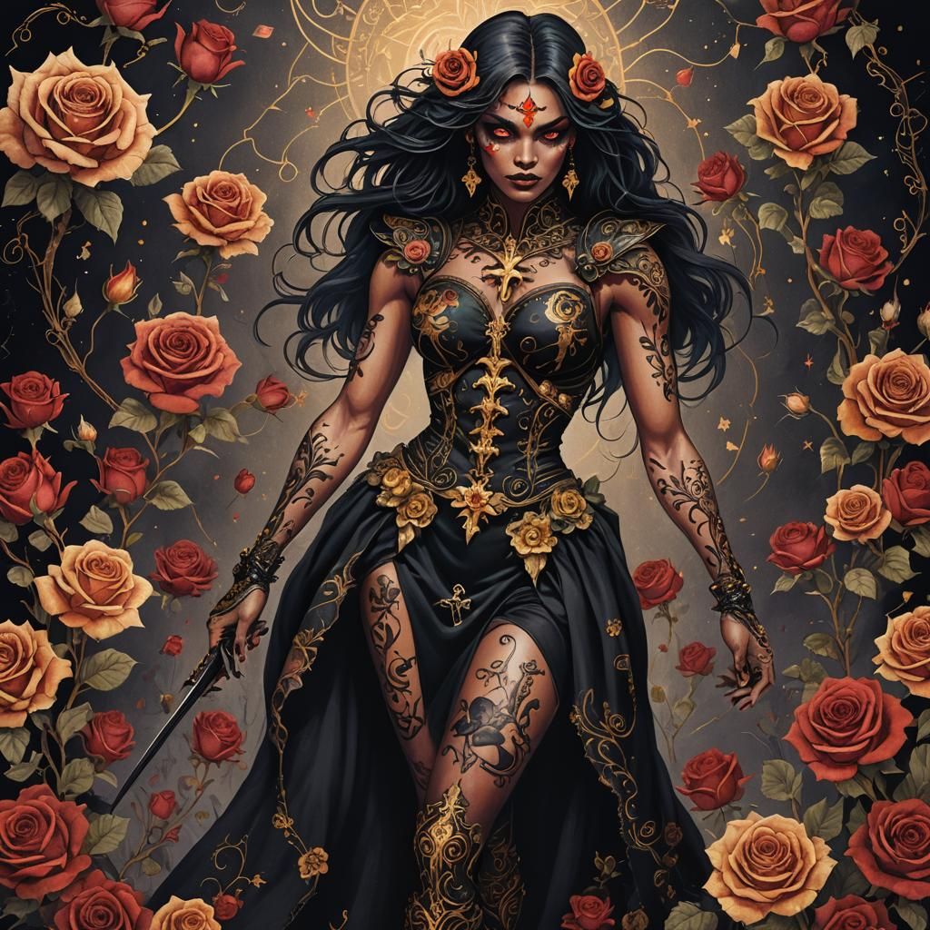 Infernal Valkyrie with Black Rose and Floral Tattoos