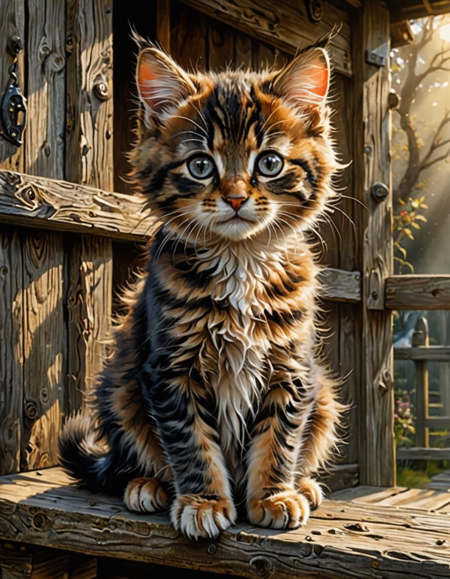 Watercolor Kitten on Cabin Porch