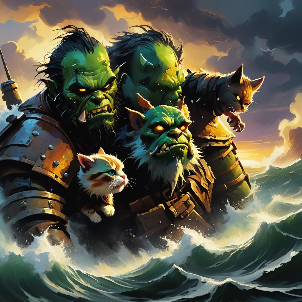 Ork Saves Kitten in Stormy Sunset, Pulp Sci-Fi
