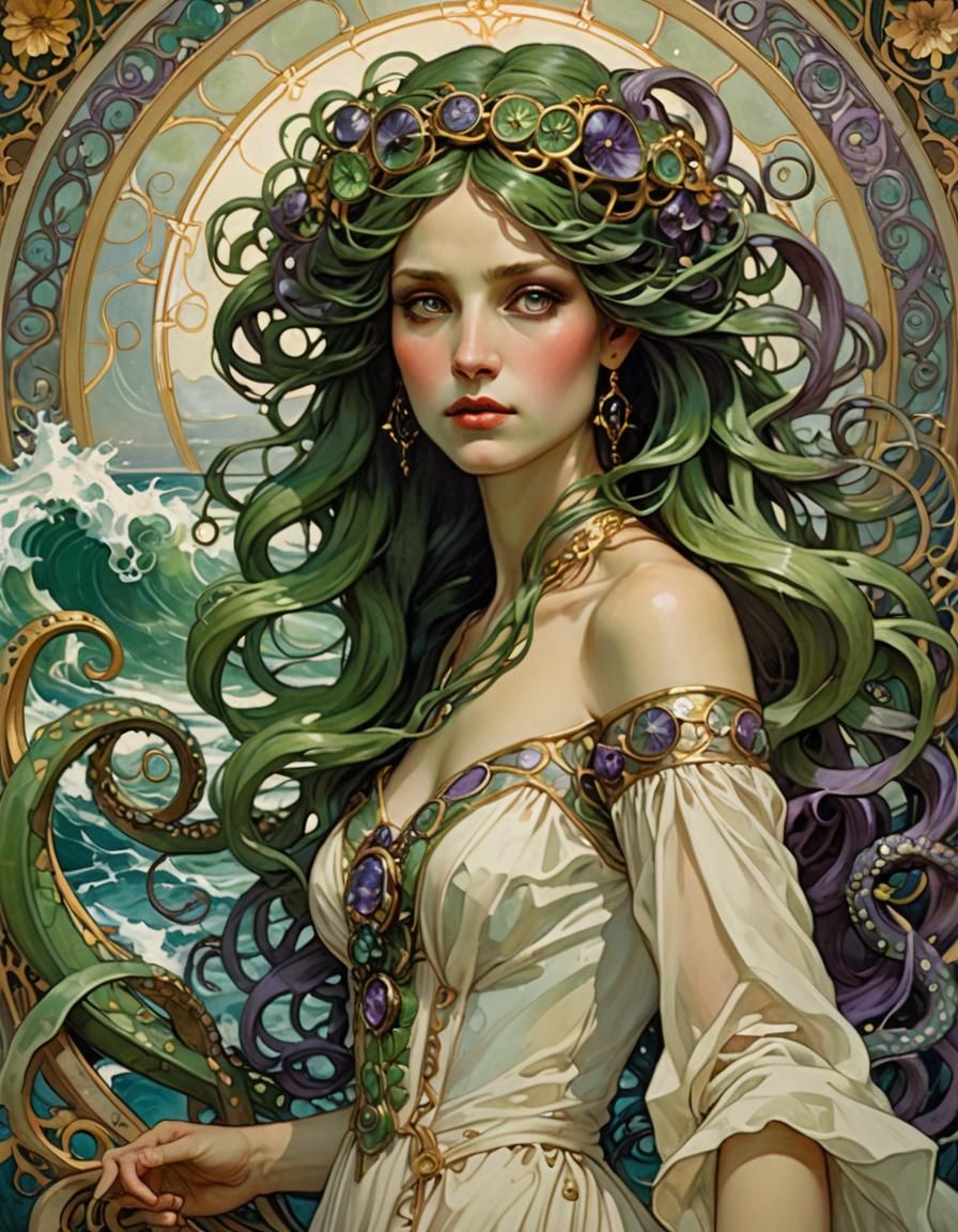 Green-Skinned Woman with Tentacles in Art Nouveau Style