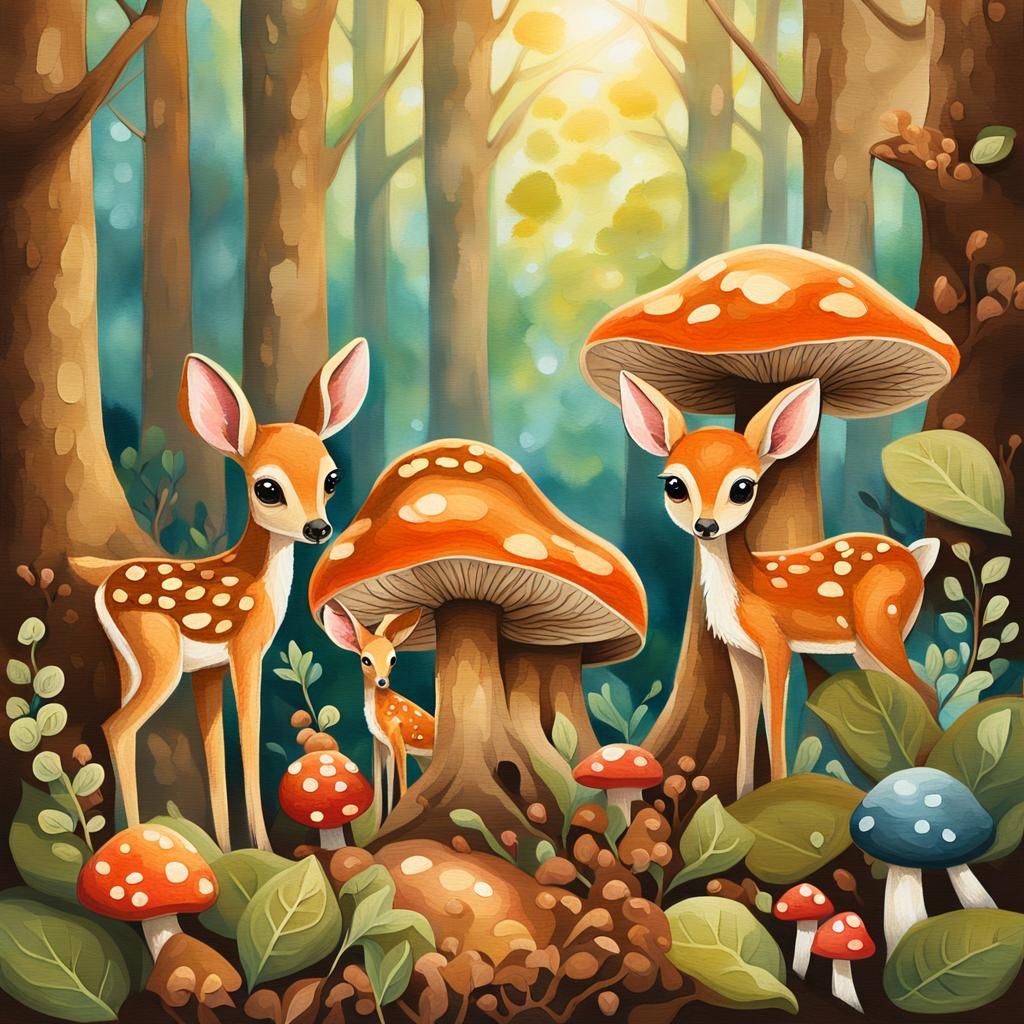 Whimsical Woodland Animals Gathering Food in Forest