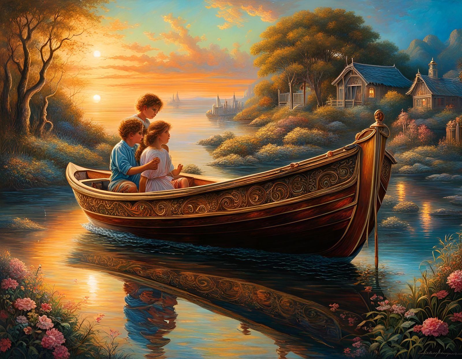 Rowboat Reflections: Hyperrealistic Oil Painting of Youth