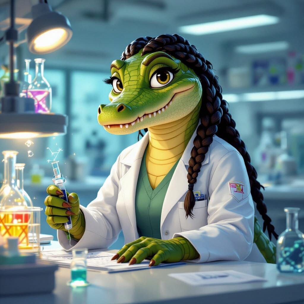 Anthropomorphic Crocodile Scientist in Genetics Lab