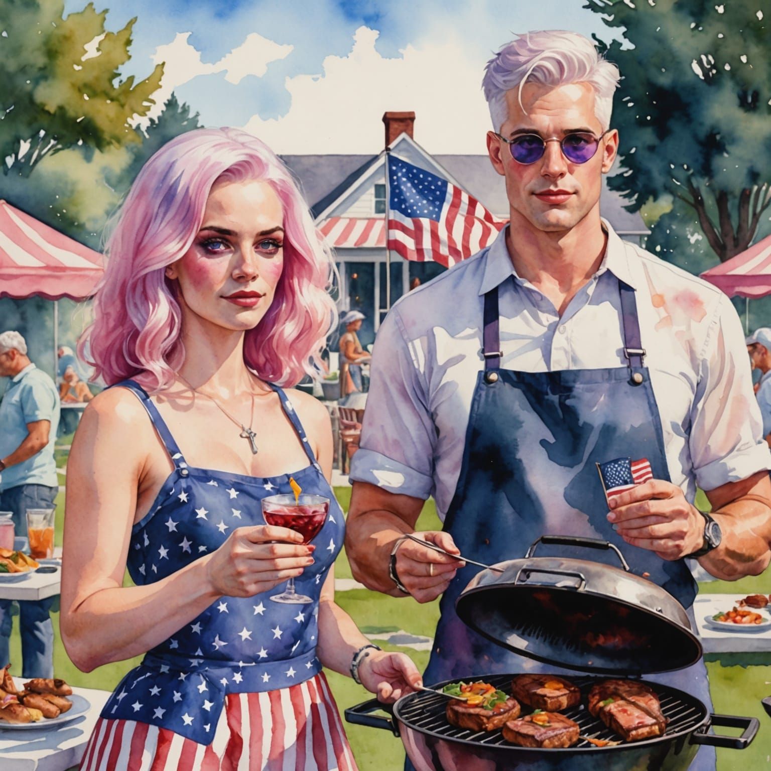 Watercolor Barbecue Scene with Red and Violet-Eyed Couple