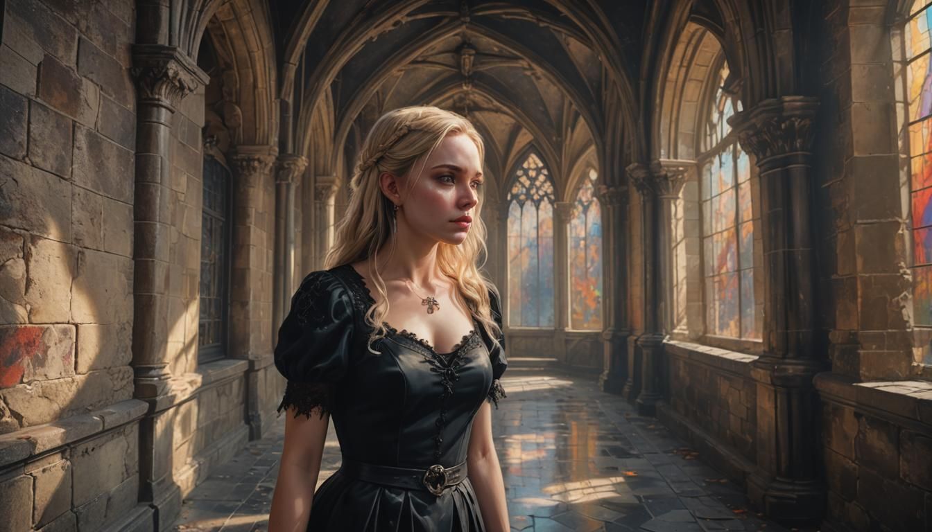 Gothic Castle Corridor with Woman: Hyperrealistic Digital Ar...