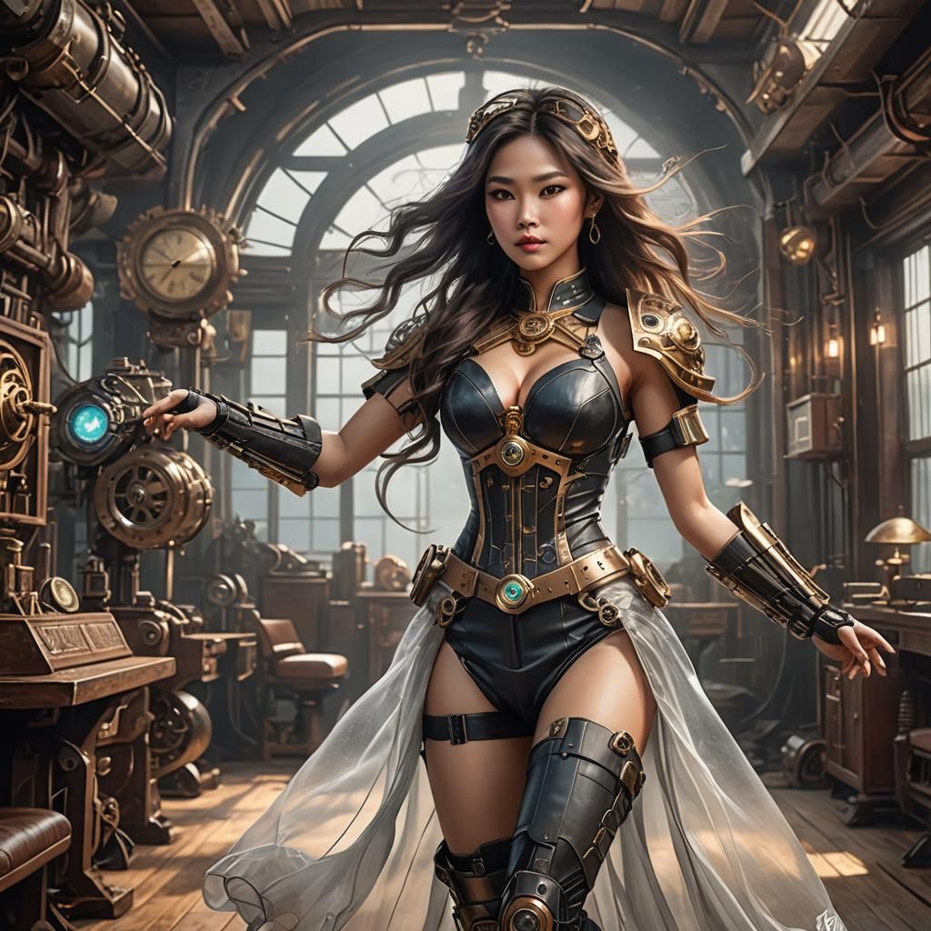 Vietnamese Woman in Cyberpunk Living Room