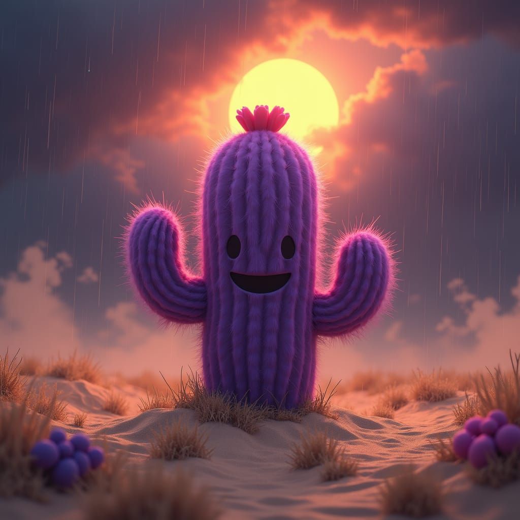 Purple Cactus in Desert Storm, Fantasy Art