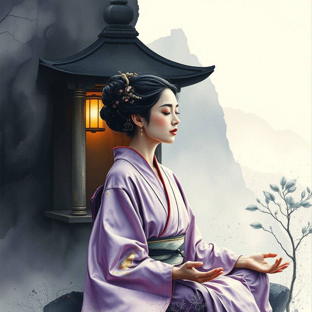 Meditative Woman in Mountain Shrine, Ink Wash Style