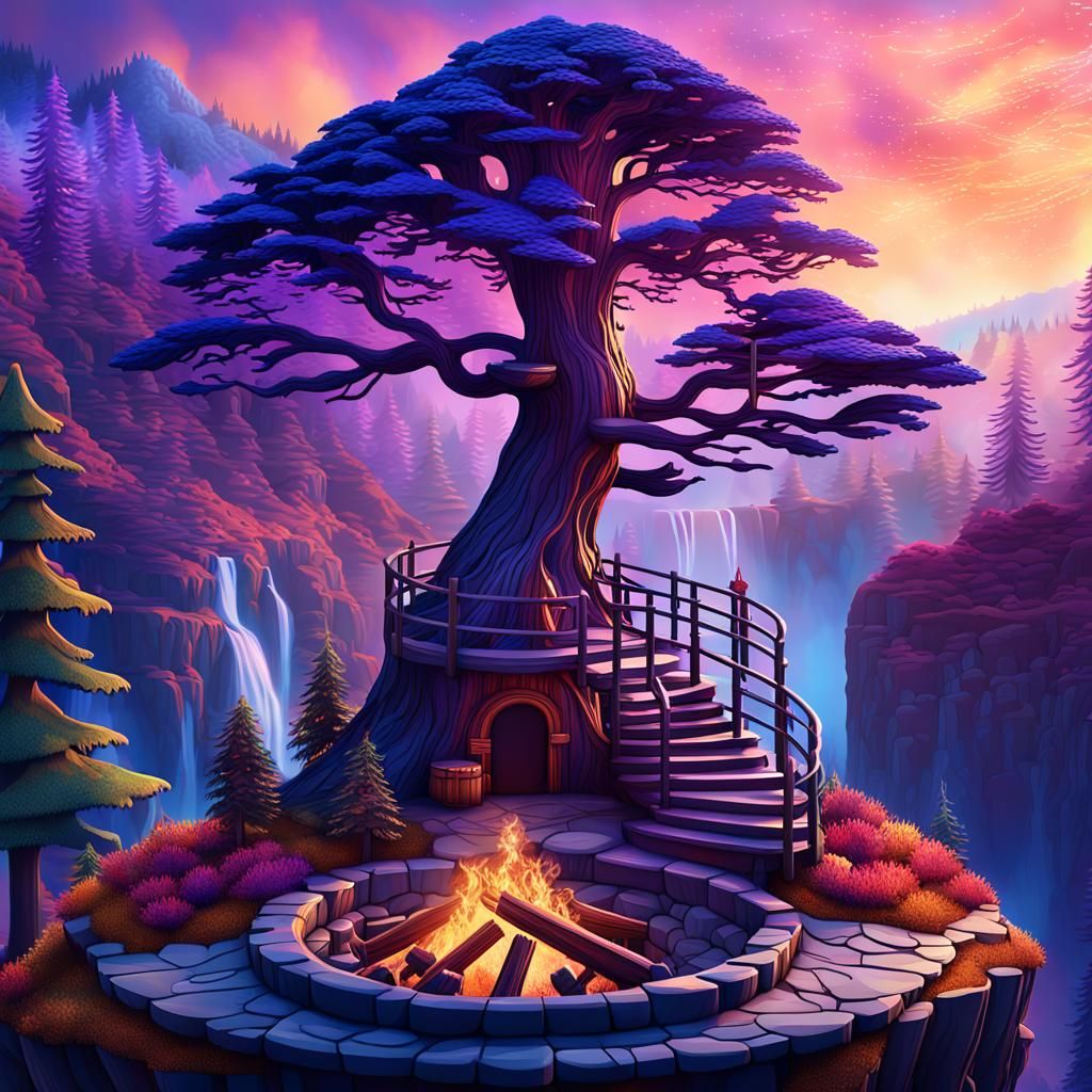 Hand Holding Fantasy Redwood Fir Treehouse Landscape