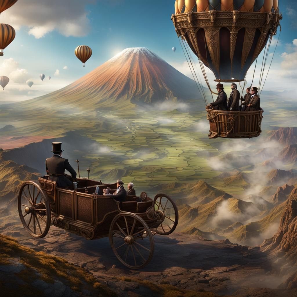 Steampunk Balloon Descent Over Volcano: Detailed Matte Paint...