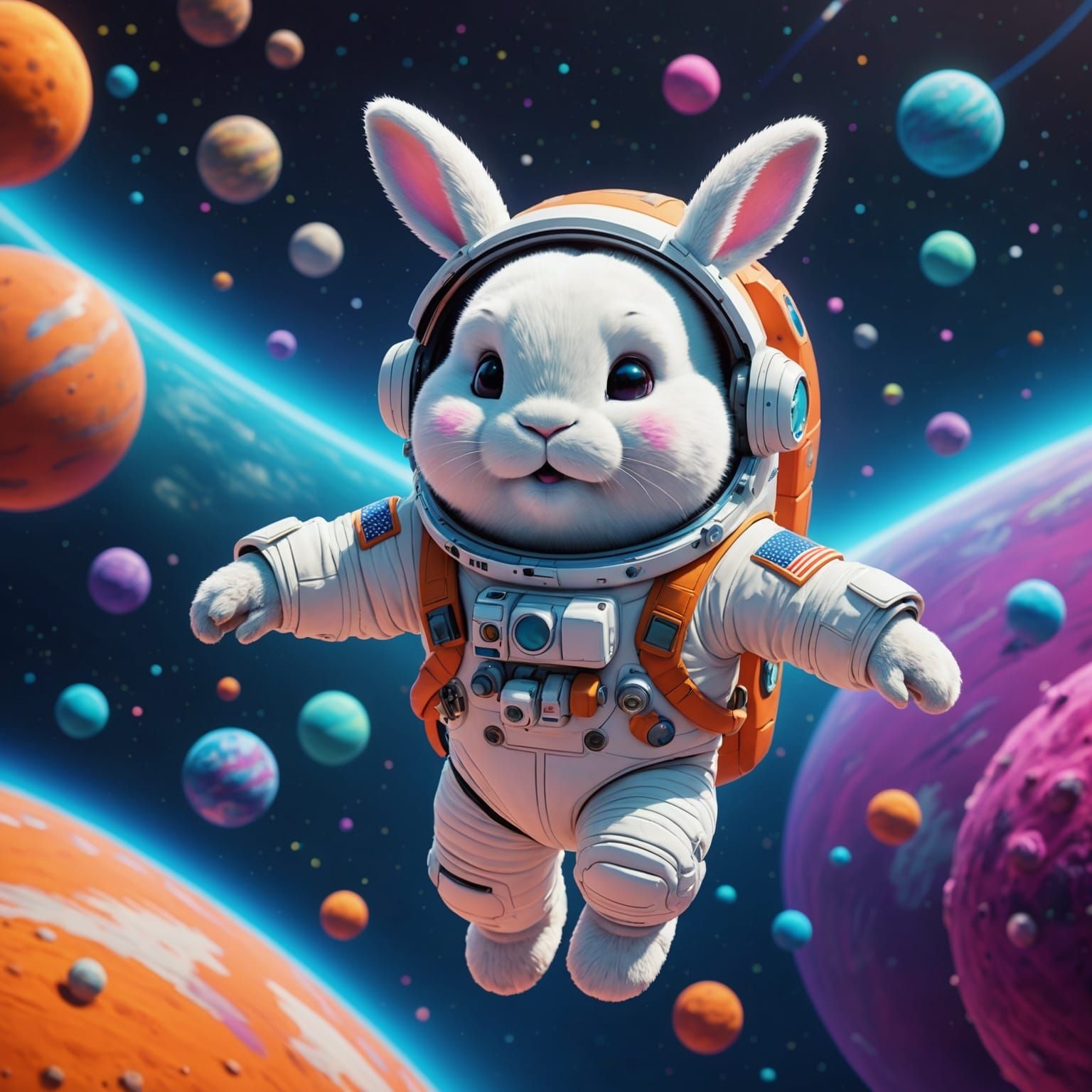 Fuzzy Bunny Astronaut in Vibrant Space: 3D Digital Art