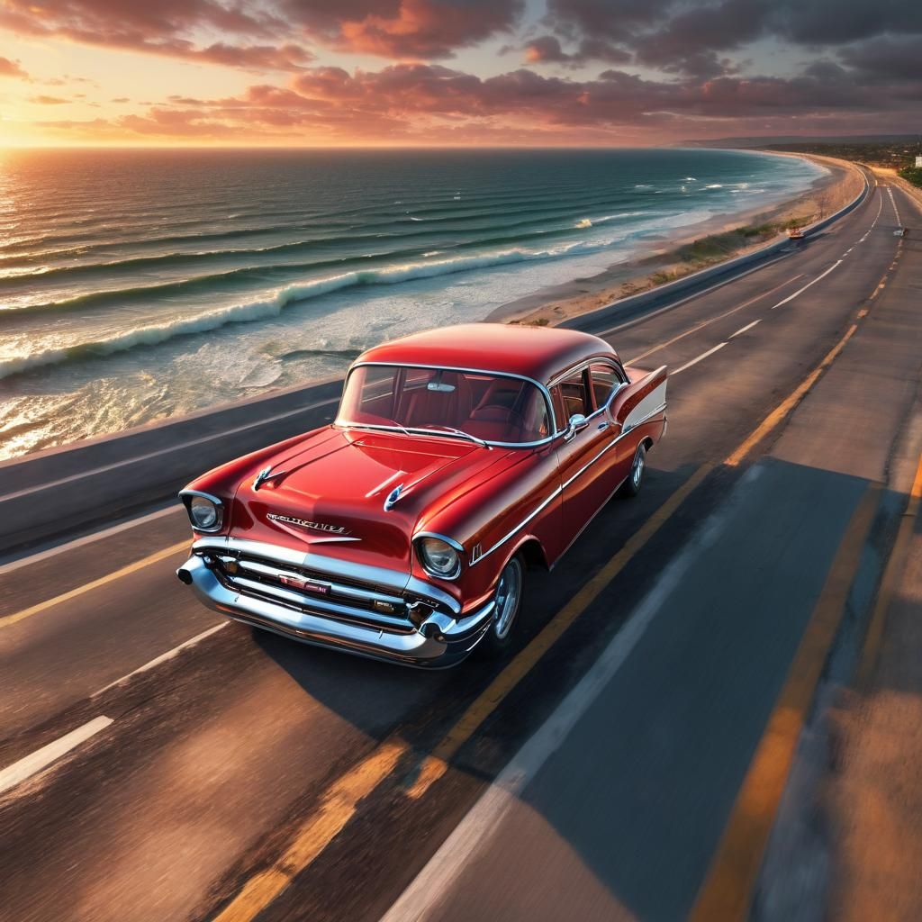 Classic Chevy Drives Ocean Causeway at Sunset
