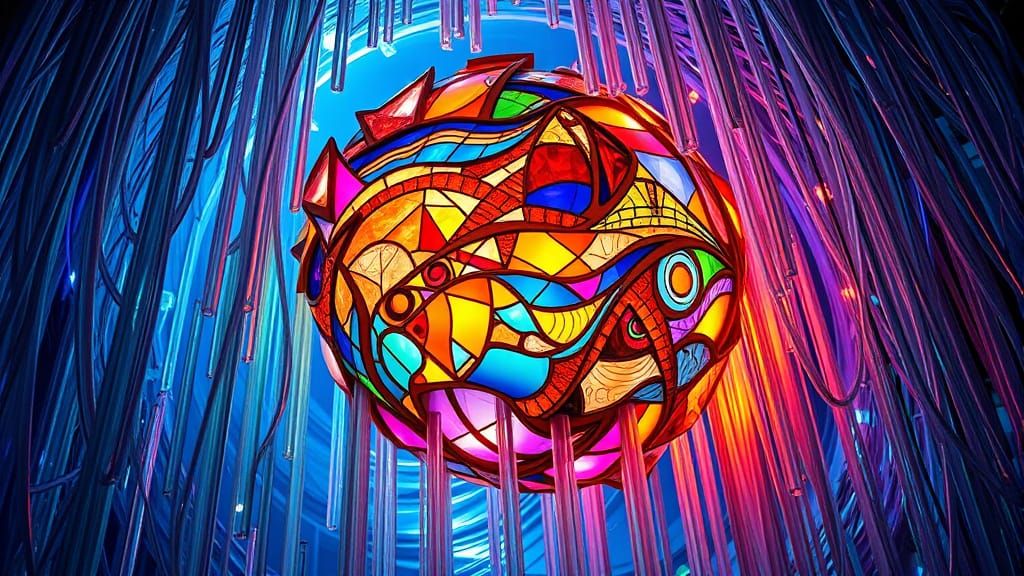 Psychedelic Stained Glass Sculpture with Rainbow Aura
