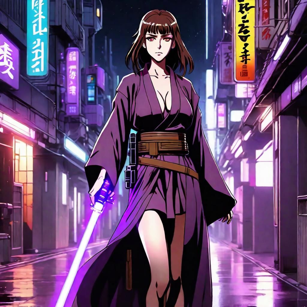 Cyberpunk Jedi Woman with Lightsaber in Anime Style