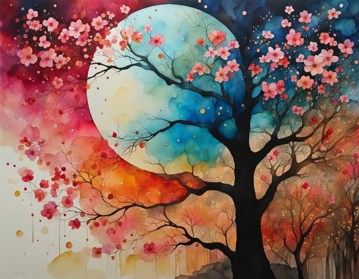 Whimsical Sakura Trees in Watercolor Landscape
