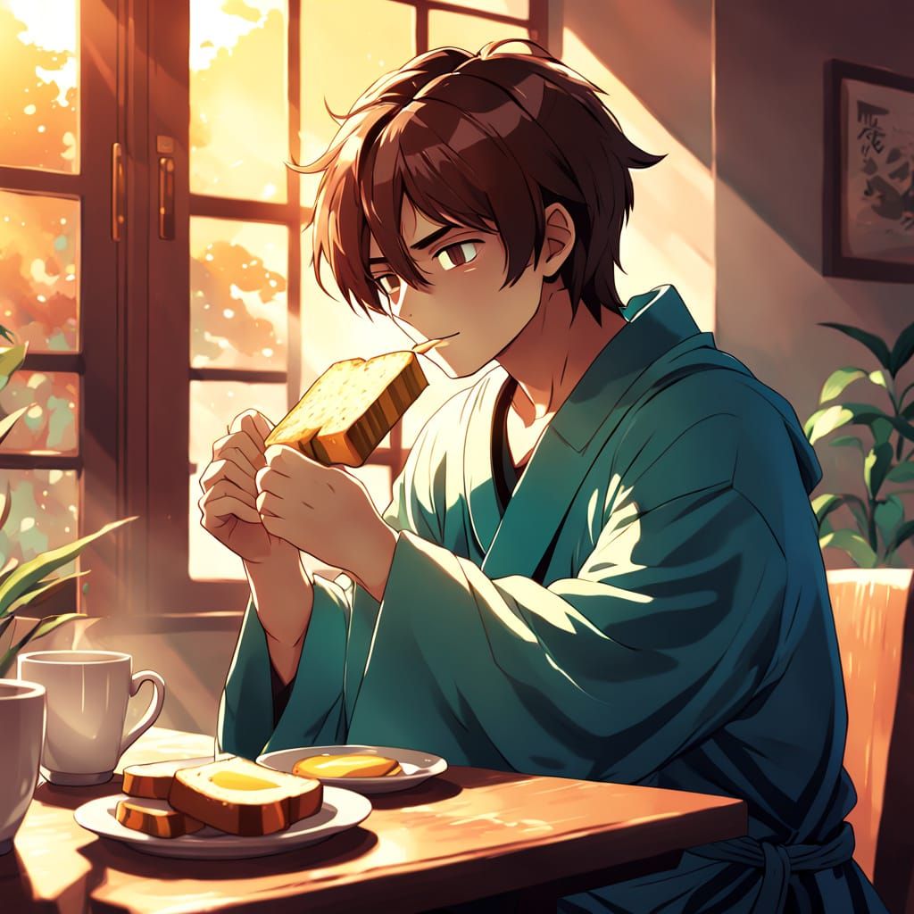 Man in Robe Enjoying Toast in Morning Light
