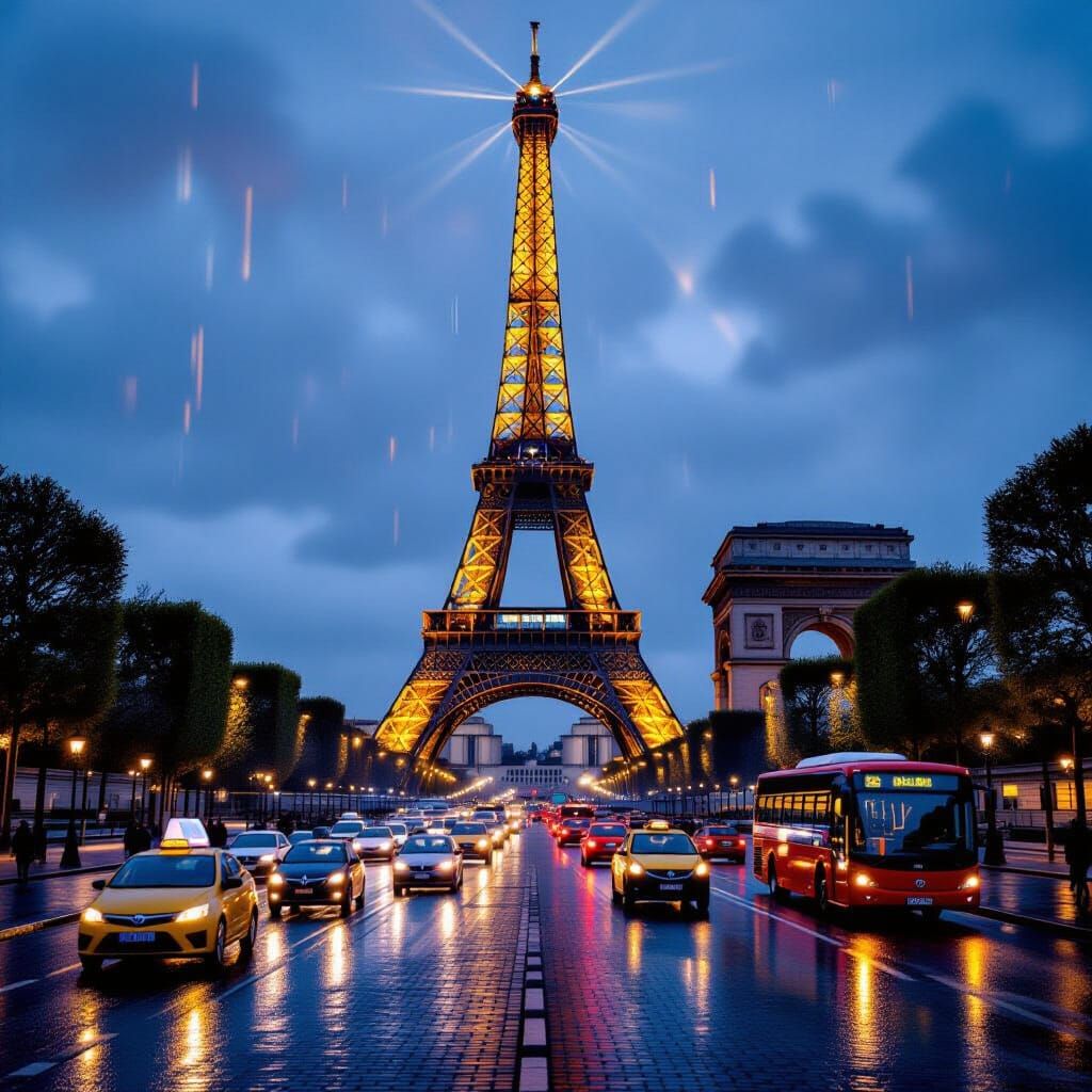 Eiffel Tower at Night in Paris, Oil Painting