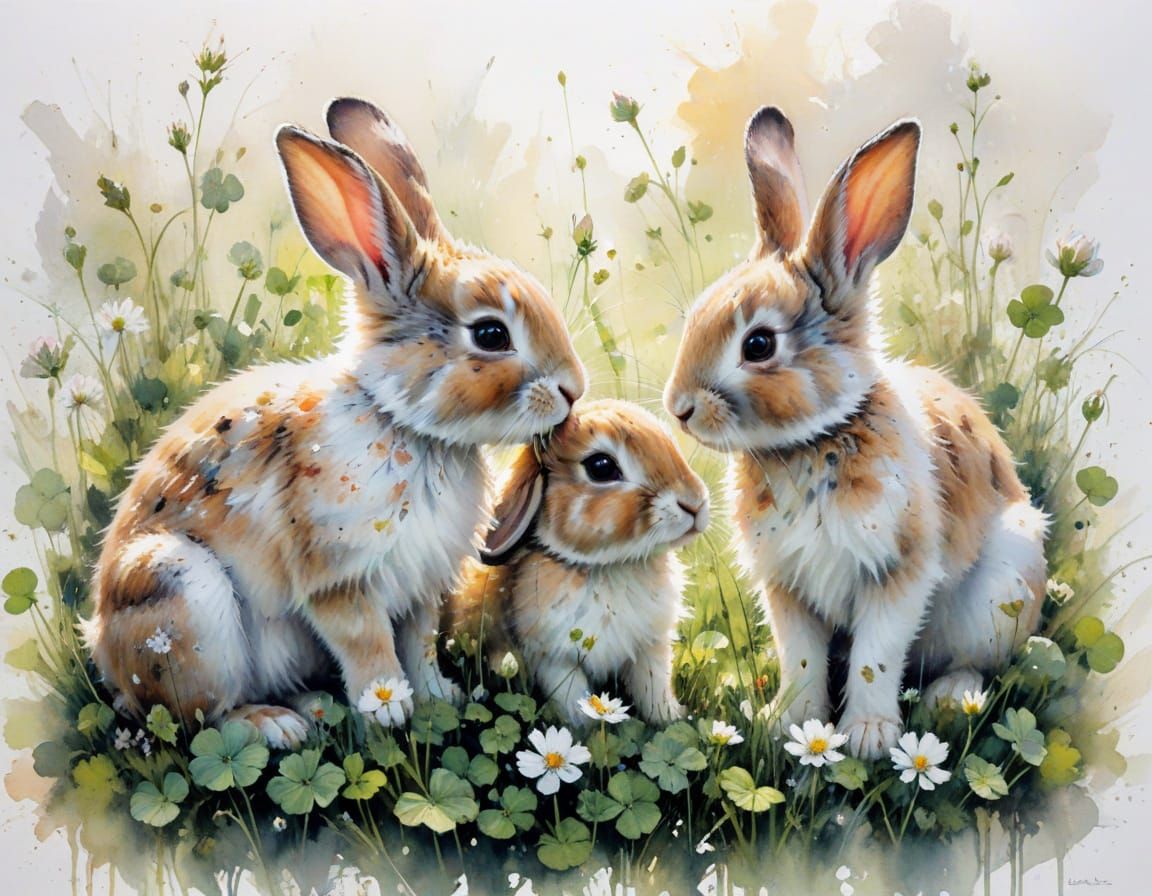 Baby Rabbits in a Secret Garden, in Watercolour Style