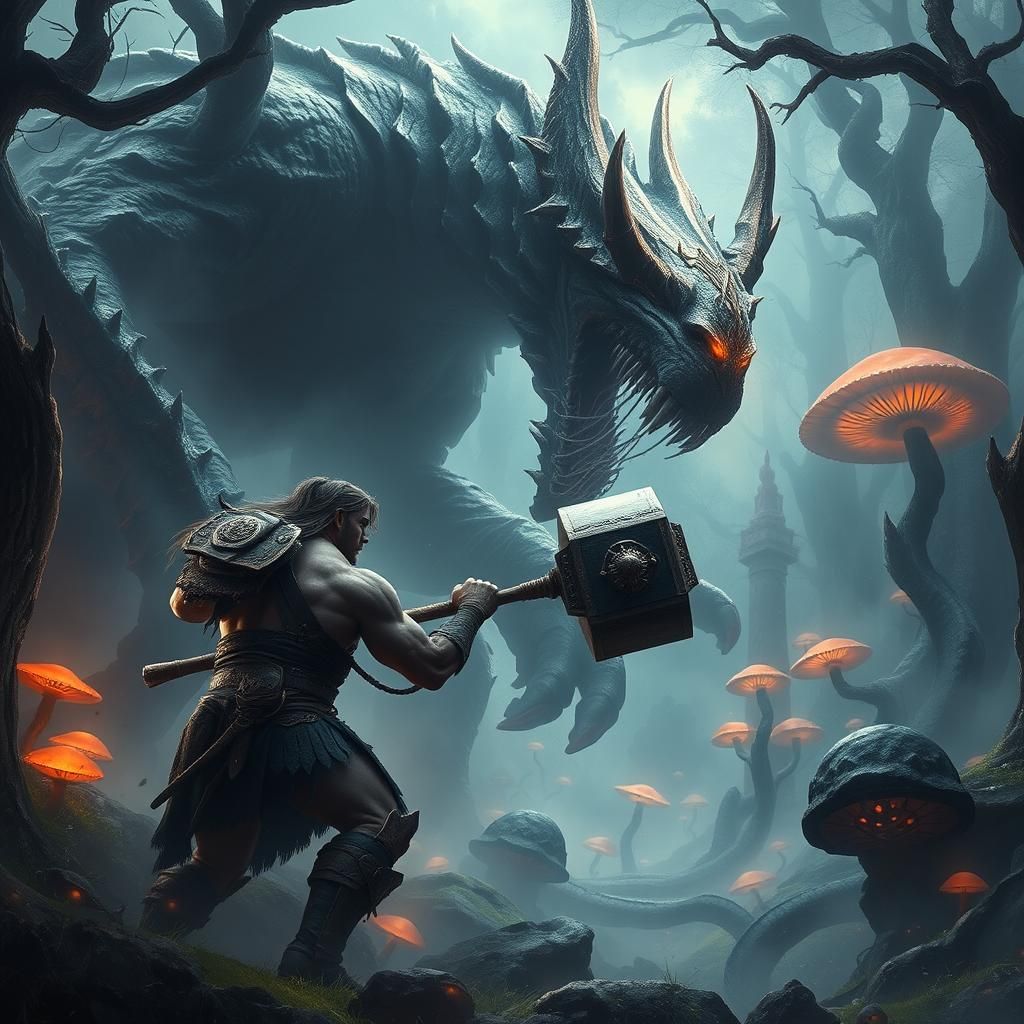 Titan Warrior vs Serpent Monster in Fantasy Forest