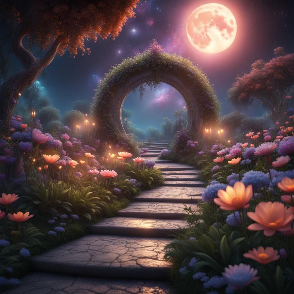 Fantastical Moonlit Garden in Surrealism Style