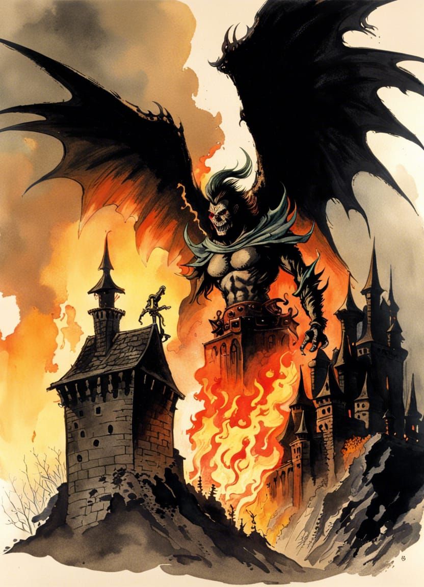 Undead Pyromancer with Fire Wings in Aquarelle Style