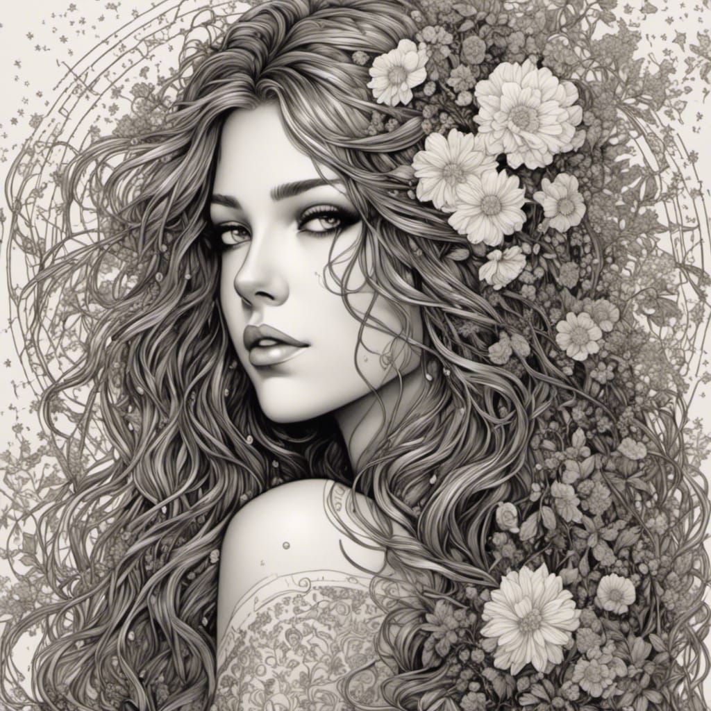 Hand-Drawn Portrait of Woman with Flowers