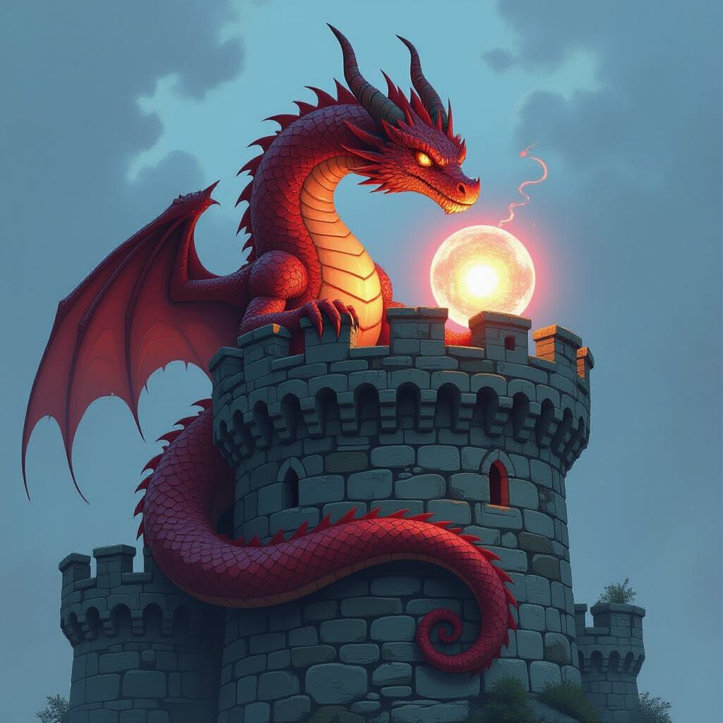 Red Dragon Guarding Orb in Fantasy Art Style