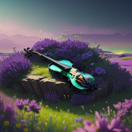 Surreal Sci-Fi Violin in Flower Field