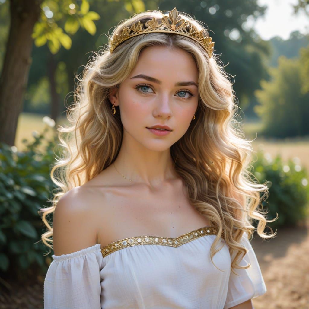 Beautiful Princess in White Linen Dress and Tiara