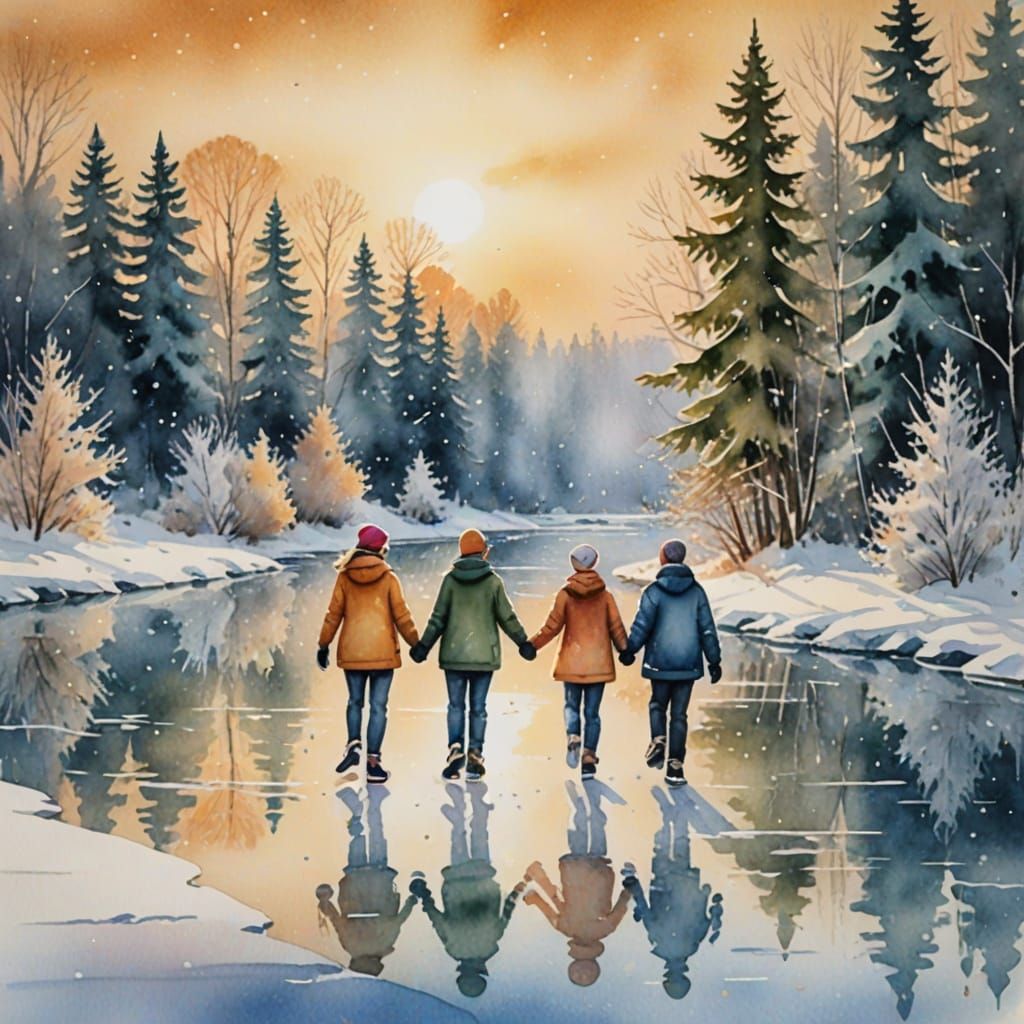 Whimsical Family Ice Skating Scene in Watercolor