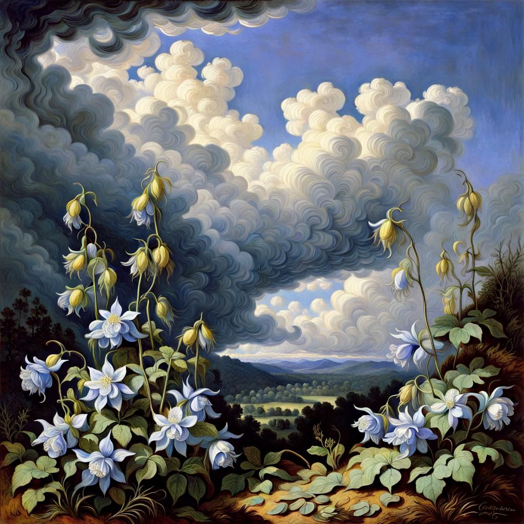 Blue Columbines in the Style of Gustave Dore
