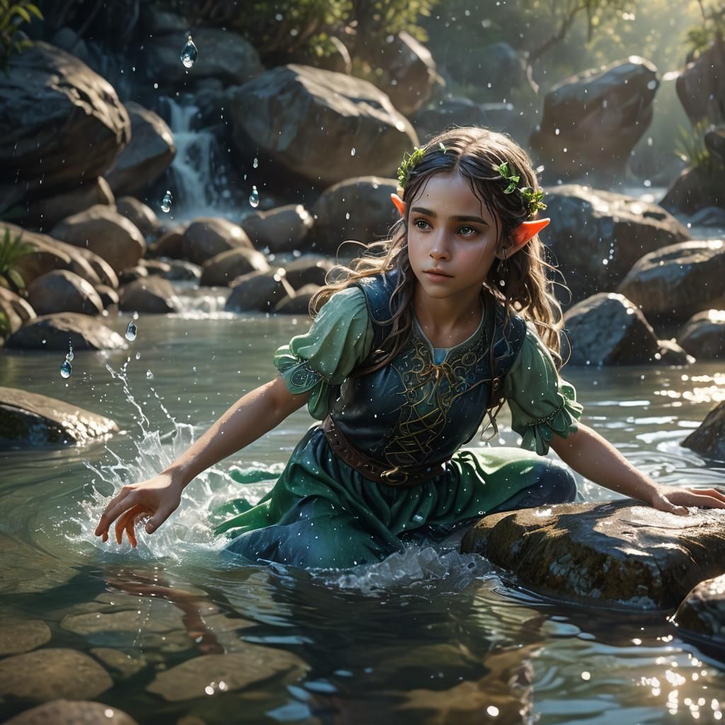 Whimsical Elf Plays in Sparkling Water: Fantasy Art