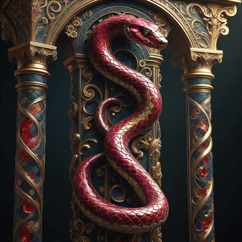 Gothic Ruby Snake Ascends Ornate Column