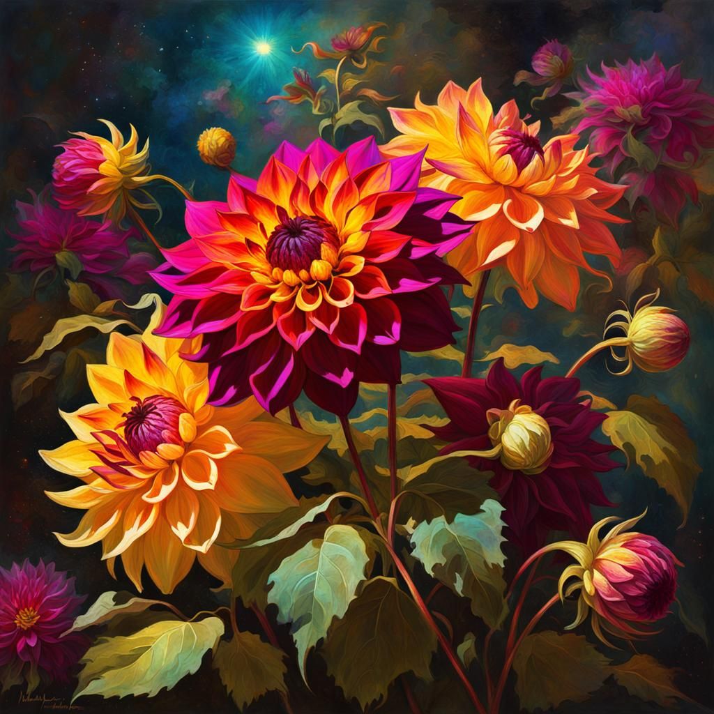 Colorful Dahlias in Detailed Maximalist Painting