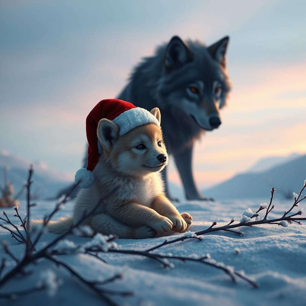 Wolf Pup in Winter Wonderland, Silhouetted by a Majestic Adu...