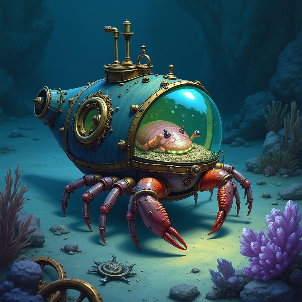 Bioluminescent Steampunk Crab Scuttles Across Crystalline Se...