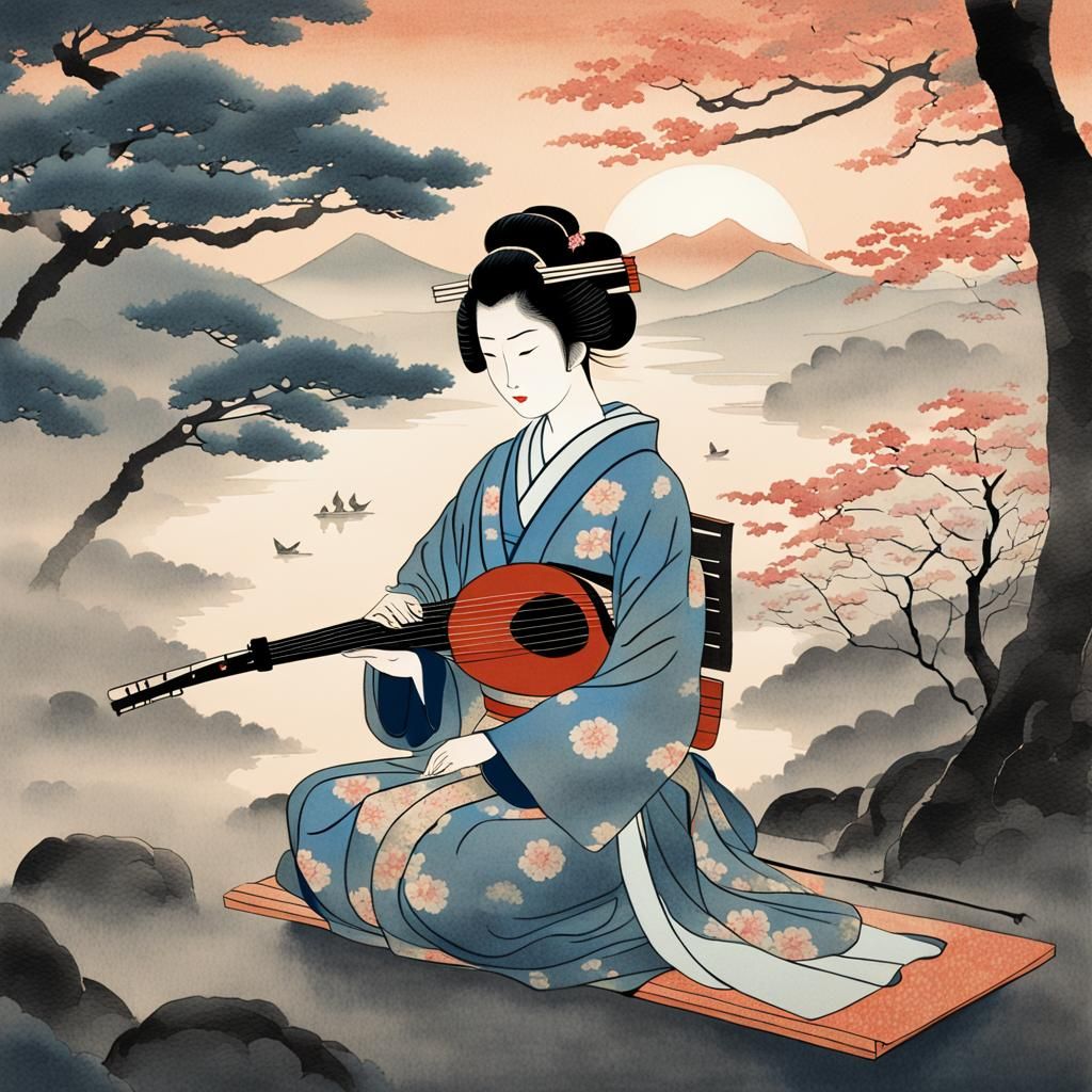 Geisha Playing Shamisen in Ukiyo-e Style