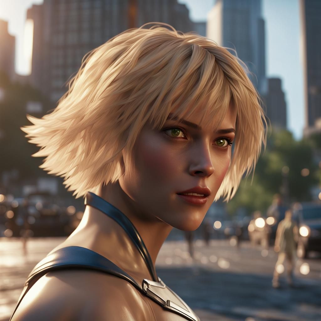 Powergirl in Action: Photorealistic 3D Rendering