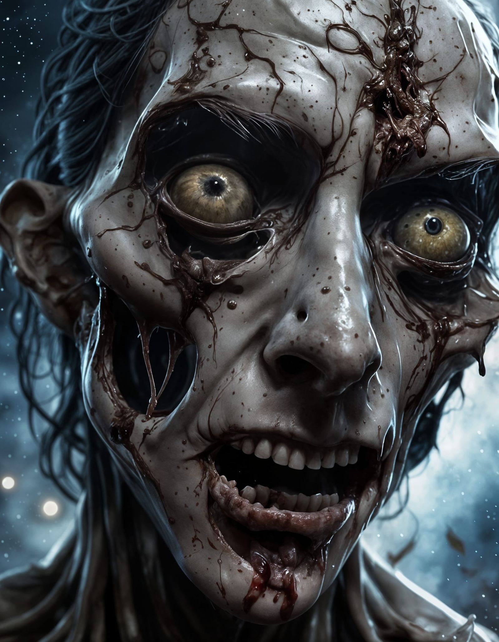 Hyperrealistic Horror: Deformed Faces Under Starry Sky