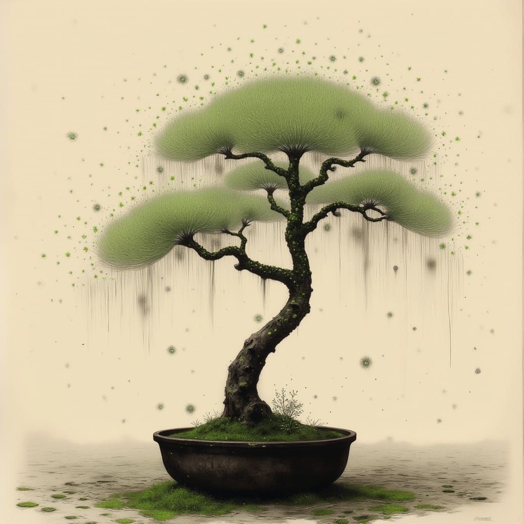 Weeping Willow Bonsai in Japanese Pen and Ink Style