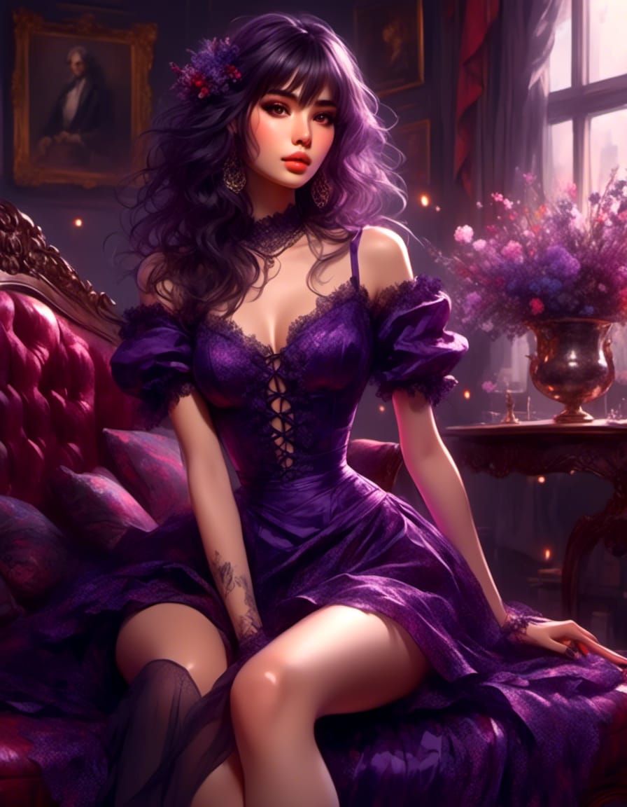 Curvy Anime Girl in Purple Dress Sketch Portrait