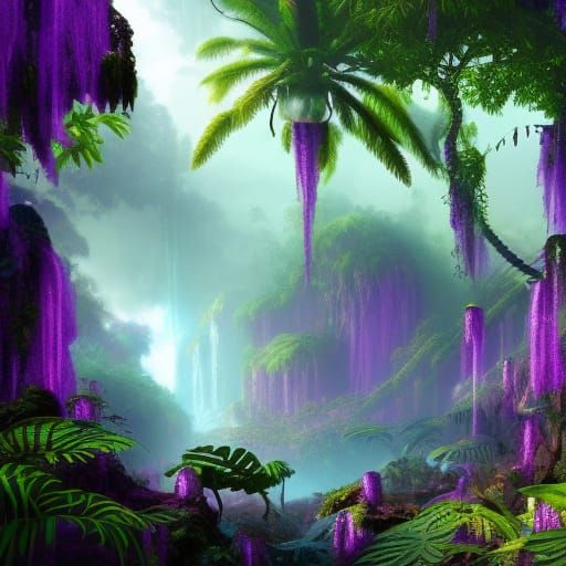 Lush Purple Steampunk Jungle with Neon Waterfall